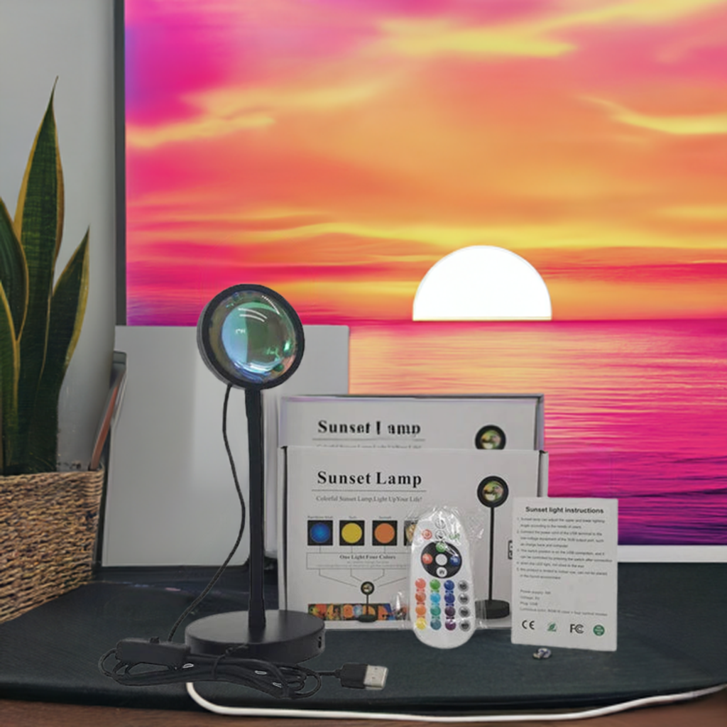 LED-sunsetprojektor nattlampa med 16 färgförändringar som skapar regnbågs- och solaurastämningar.